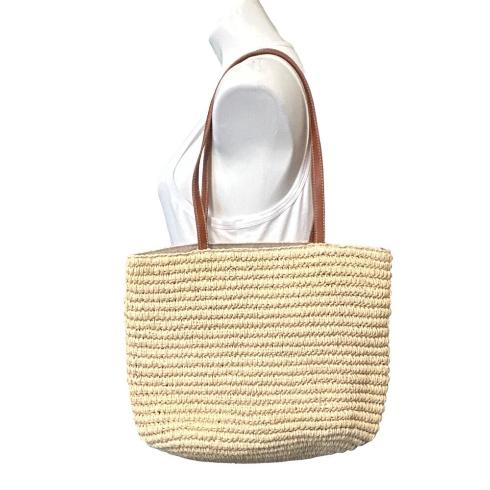 Talbots Straw Woven Tote Bag Natural Tan Faux Leather Trim Zip Top Women's OS